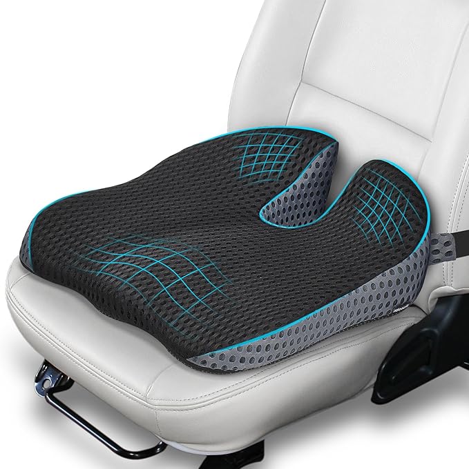 Car Seat Cushion, Memory Foam Car Wedge Seat Cushion for Driving, Height Booster & Posture Support, 4D Mesh Seat Pad with Adjustable Straps (Deep Black)