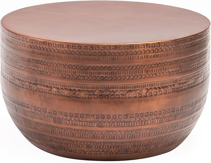 Modern Round Aluminum Hammered Embossed Texturing Metal Drum Coffee Table, Hand-Stamped Iron, Boho Accent Cylinder Drum Coffee Table, Cocktail Table, for The Living Room and Bedroom, Copper
