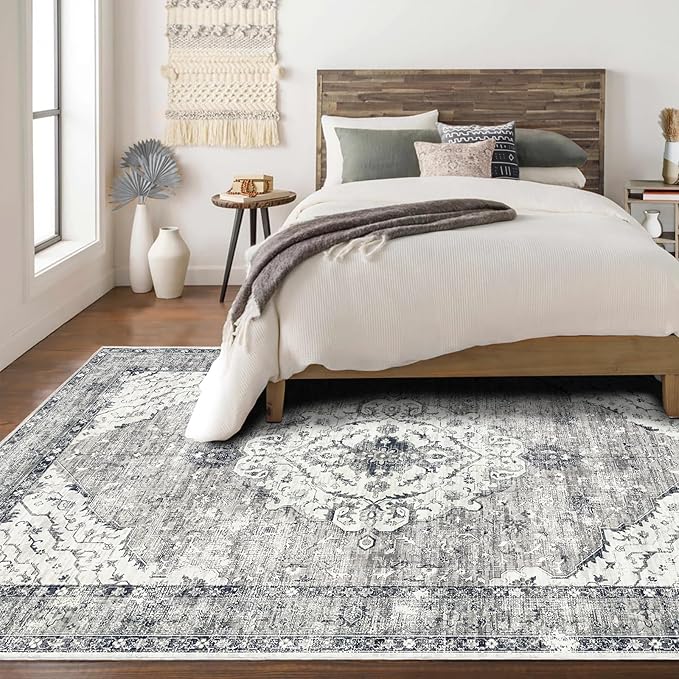 Deerly 5x8 Rugs for Bedroom Living Room - Machine Washable Rugs Large Non-Slip Family & Pet Friendly Area Rugs Carpet Oriental Neutral Print Floor Rug Border Grey/Navy