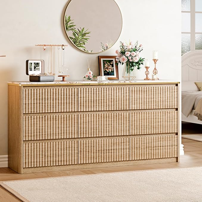 Fluted Dresser for Bedroom with 9 Drawers,62.99" Modern Chest of Drawers with Faux Marble Top, Curved Profile Design,Dresser TV Stand, Wood Drawer Organizer for Living Room, Hallway, Wood