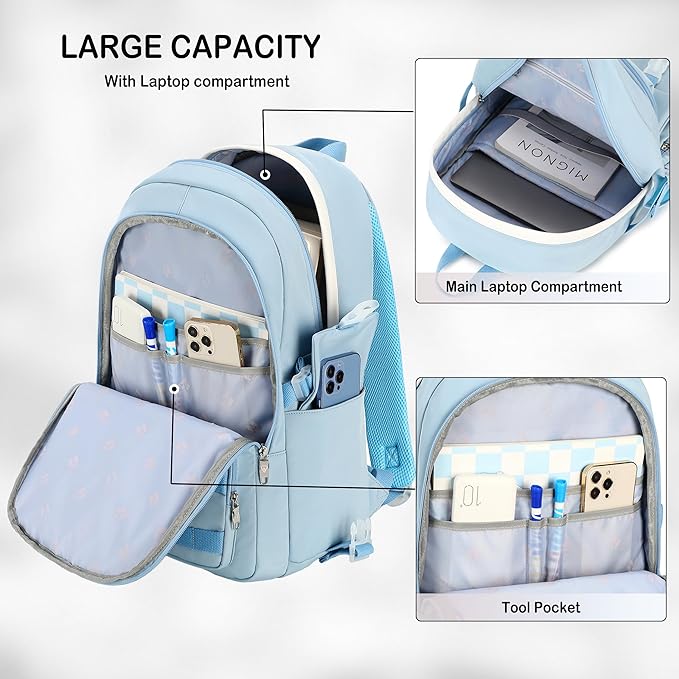 Hidds School Backpack for Teen Girls Women College Laptop Backpacks Kids Cute Bookbag Set with Lunch Box Pencil Case Elementary Middle High Campus Bag 3 Pcs Students Bookbags Sets Travel Daypack-Blue
