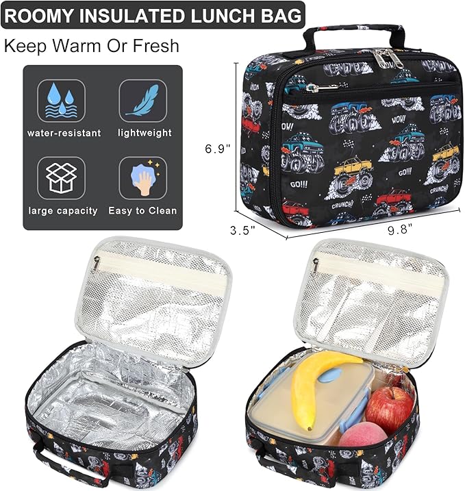 DSIUE School Backpack for Boys, Boys Backpack for Kids Children Teens Elementary Middle School With Lunch Box (Monster truck Black)