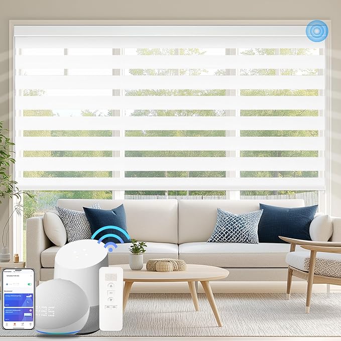 COOLWINDS Motorized Zebra Blinds for Windows Cordless Electric Curtains with Remote Control Blackout Shades Custom Smart Blinds Compatible with Alexa Google Home(Blackout White,W47 X 72in)