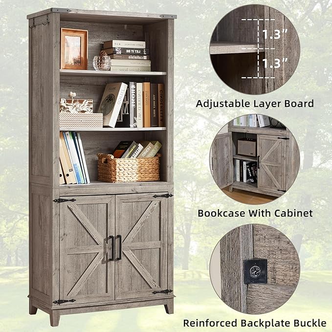 5 Tier Bookshelf 70in Tall Bookcase with Barn Doors and Storage Cabinet, Grey Farmhouse Book Shelf with Adjustable Shelves, Wood Freestanding Display Bookshelves for Bedroom, Kitchen (3 PCS)