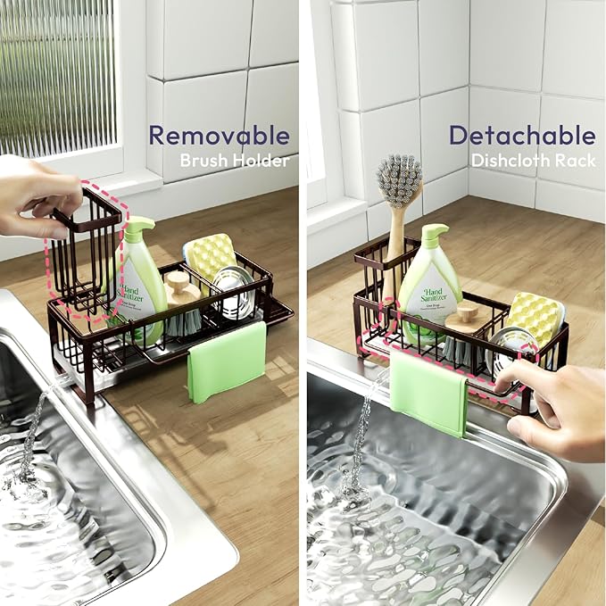 SWTYMIKI Sponge Holder for Kitchen Sink - Sink Caddy with Brush Holder Self-draining Sponge Caddy Organizer with Divider Stainless Steel Kitchen Accessories Storage for Countertop, Bronze