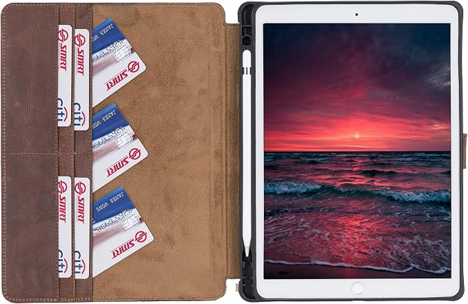 Genuine Leather Handmade iPad 10.2 Magnetic Closure Case with Separeted Compartments and Card Slots for Women &amp Men (8th Gen 2020) (7th Gen 2019) (Black)