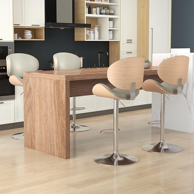 KCC Bar Stools Set of 6, Swivel Adjustable Height Barstools, PU Leather Upholstered Bar Chairs with Footrest, Bentwood Bar Stool for Kitchen, Bar, Dining Room(Grey PU)