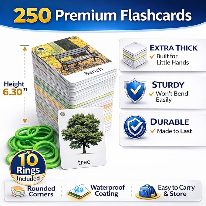 500 Words Thick & Sturdy Learning Flash Cards for Toddlers 1-3 with Rings - 1 Year Old Girl Gifts - Educational & Montessori Toys for 1 Year Old boy - Toddler Flashcards for Preschool & Kindergarten