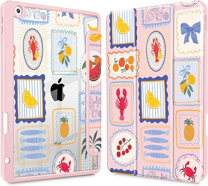 Case for iPad 9th/8th/7th Generation 10.2-Inch (2021/2020/2019 Release) with [Built-in Pencil Holder] Shockproof Cover with Clear Transparent Back Shell &amp Auto Wake/Sleep - Blue Bows