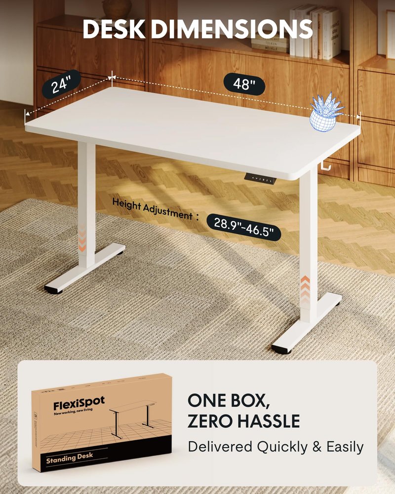 FLEXISPOT EN1 One-Piece Standing Desk, 48"x24" Seamless Desktop Electric Height Adjustable Desk for Home Office, Multi-Monitor Setups & Easy Assembly, White