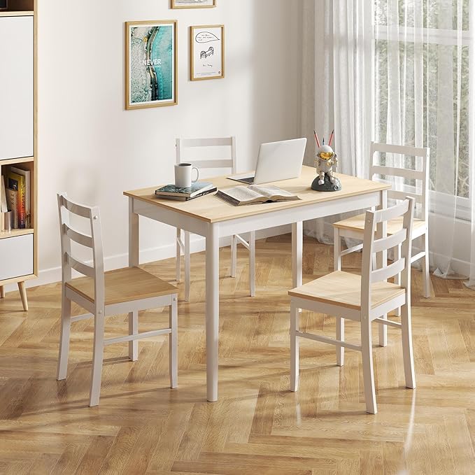 POWERSTONE Dining Table Set for 4, Kitchen Table Chairs Set of 4 with Rubber Wood Legs, Farmhouse 5 Piece Dining Table Set Solid Wood for Kitchen Dining Room Dinner (Natural)
