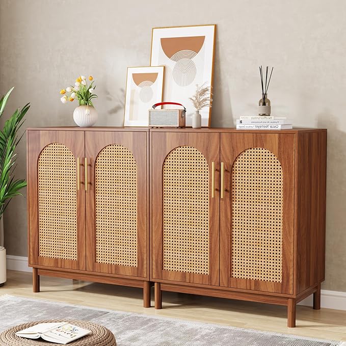 Tribesigns Set of 2 Rattan Sideboard Buffet with Storage, 59 Inch Accent Cabinet with Doors, Storage Cabinet for Dining Room, Living Room, Kitchen, Caramel Brown