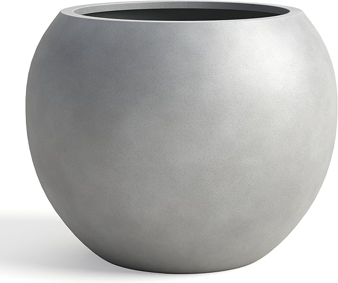 DTY Signature Mount Sherman Modern Indoor Outdoor Fiberstone Sphere Planter, Durable Round Garden Pot, Weather Resistant, Drainage Hole & Rubber Plug, Planter for Christmas Tree - Medium, Gray