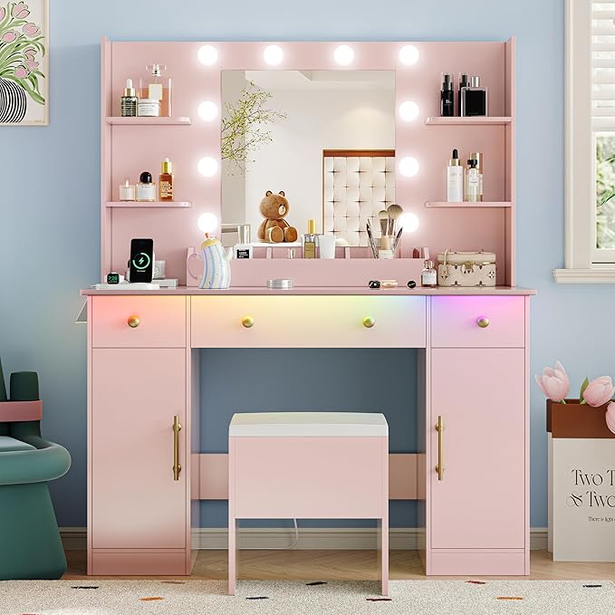 Vanity Desk with Mirror and Lights, 43'' Pink Makeup Dressing Table Set with 5 Drawers & Chair, Power Outlet, 3 Lighting Modes Adjustable Brightness & RGB LED for Women Girls Bedroom Bathroom