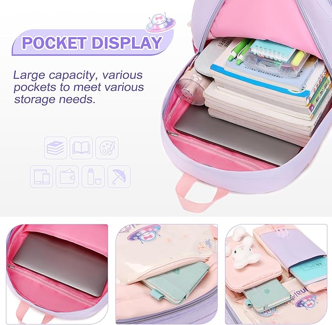 Girls Backpack Set, 3PCS Kids Backpack for Girls, Kawaii Bunny School Backpacks for Girl Kindergarten Elementary Preschool Middle School Bags with Lunch Box Pencil Case Purple