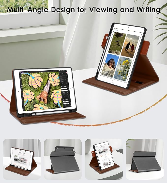 DTTO for iPad 9th/8th/7th Gen Case 10.2 Inch (2021/2020/2019) Brown | 360 Degree Rotating Premium Faux Leather Folio Stand Cover with Pencil Holder Auto Sleep/Wake Multiple Angles Hand Strap