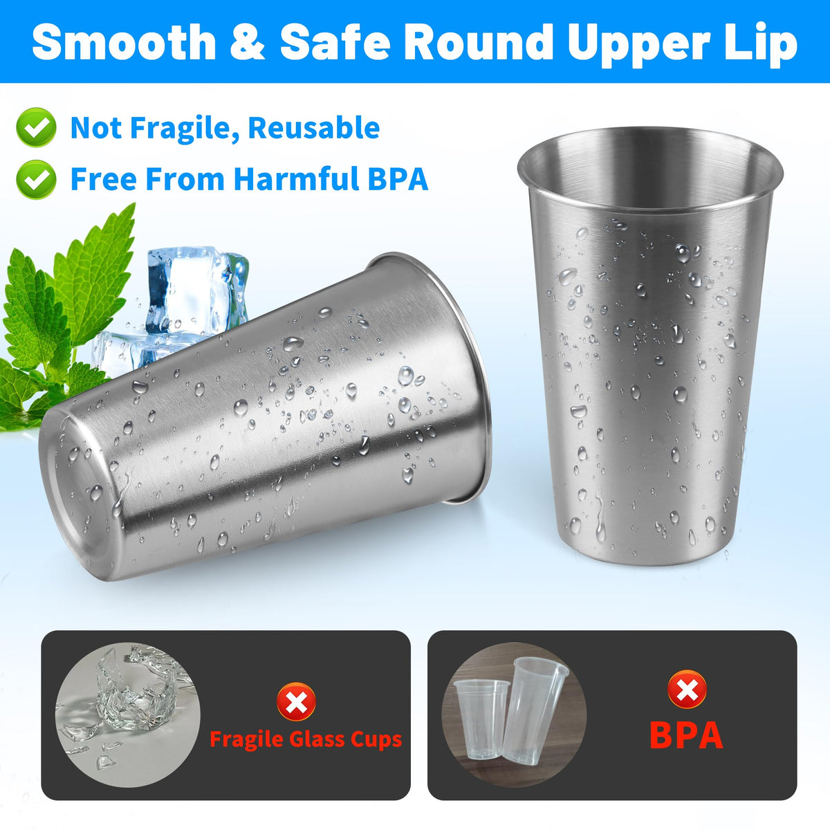 HAMILADUO 4Pack 16 oz Stainless Steel Pint Cups,Stainless Steel Cup,Pint Cup Tumbler，water Tumbler,Stackable,Reusable,BPA Free, (4)