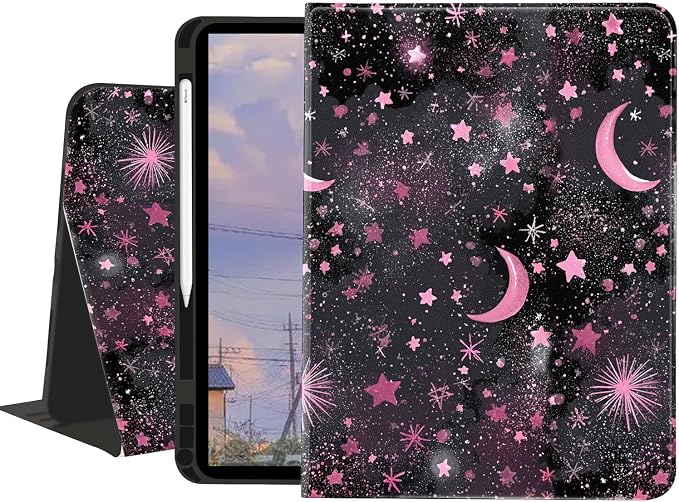 Stylish Case for iPad 9th/8th/7th Generation 10.2 2021/2020/2019Art Pink Starry Sky Textured Folio Case with Pencil Holder Multi-Angle View Adjustable Stand Auto Wake/Sleep Cover for Women