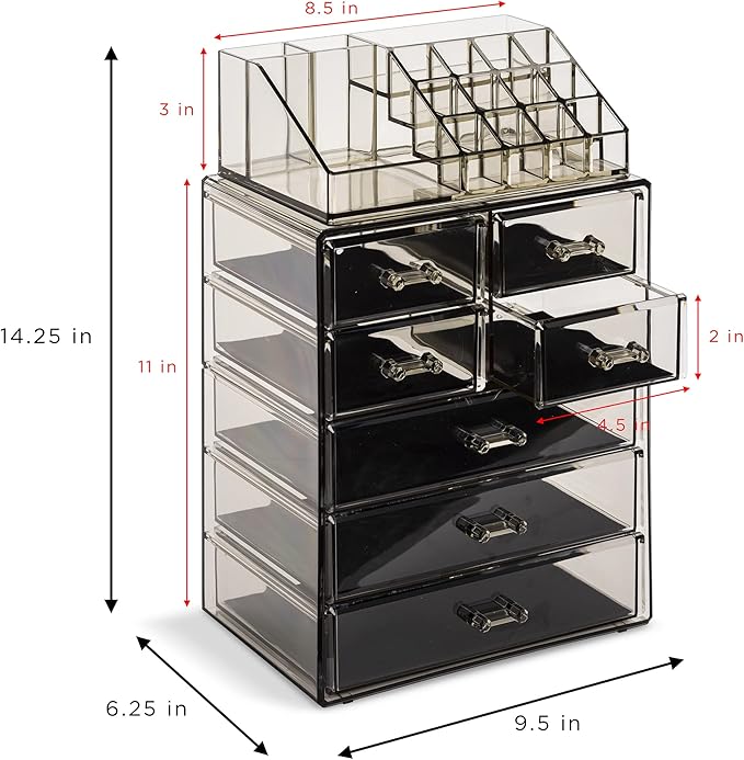 Sorbus Clear Cosmetic Makeup Organizer - Make Up & Jewelry Storage, Case & Display - Spacious Design - Holder for Dresser, Bathroom, Vanity & Countertop (3 Large, 4 Small Drawers) [Black Jewel]