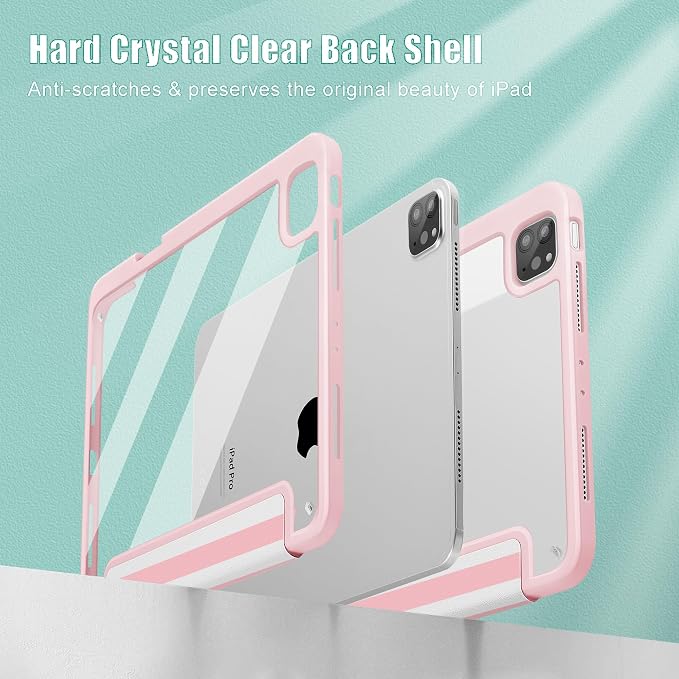 May Chen Case for iPad 12.9 Inch (6th/5th/4th/3rd Generation 2022/2021/2020/2018) Pencel Holder + Trifold Support Auto Sleep/Wake Transparent Shockproof Back Cover Blue Bows