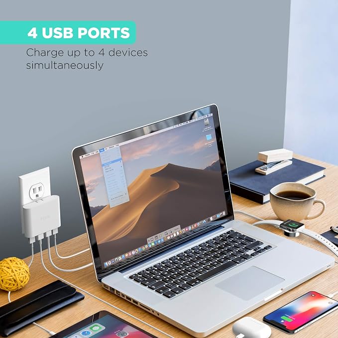 iHome 4-Port USB Wall Charger (2-Pack) 5.4A Flat Foldable Plug Slim Travel Charger (White &amp Black)