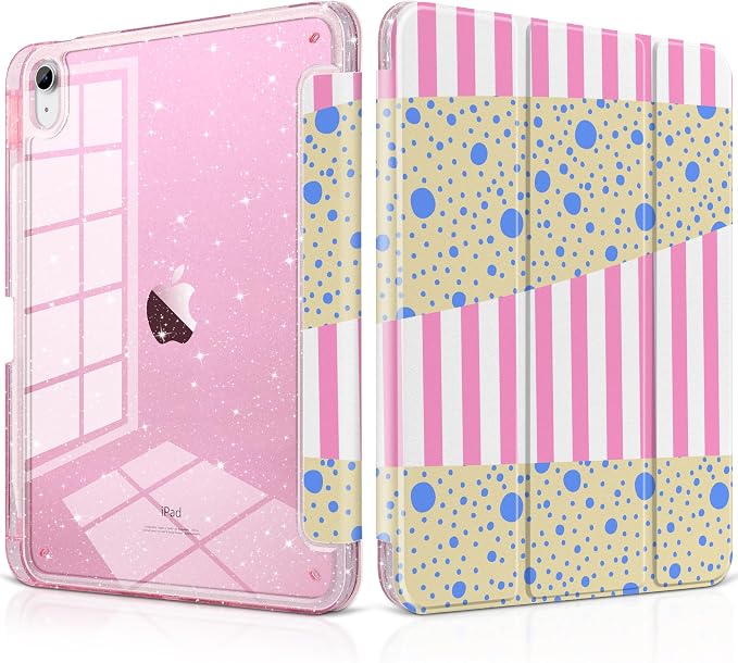 MEEgoodo Case for iPad A16 11th Generation 2025/10th Generation 2022 Glitter Tablet Cases with Transparent Acrylic Back+Trifold Stand +Pencil Holder+Auto Wake/SleepAbstract Sun &amp Palm Tree