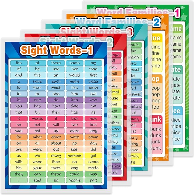 5 Pieces Laminated Educational Posters Sight Words and Word Families Posters Learning Charts, Decorations, Decor, 17 x 12 Inch