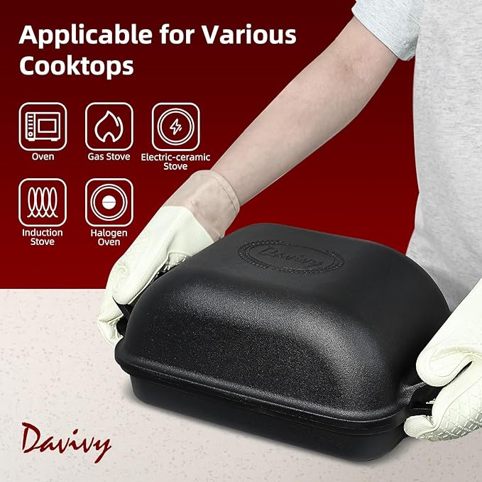 Davivy 9QT Large Dutch Oven for Sourdough Bread with Silicone Baking Mat, 12.3" x 9.2", Non-stick Cast Iron Sourdough Loaf Pan, Cast Iron Sourdough Baking Pan Large Capacity, Matte Black