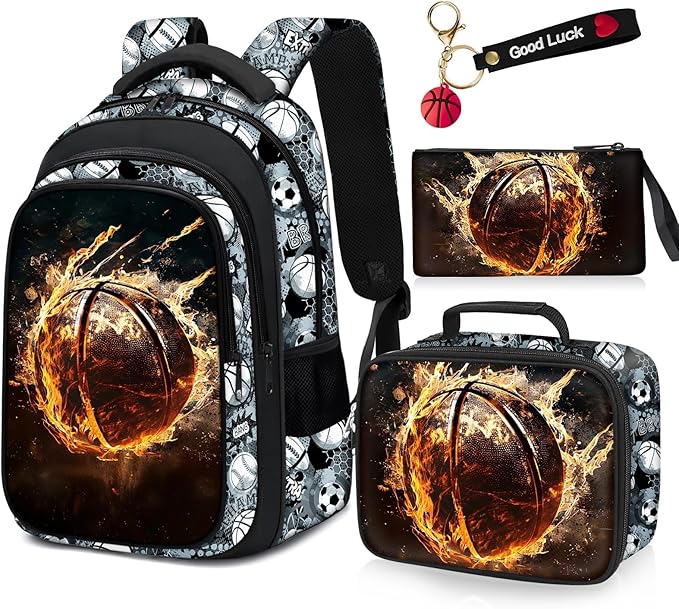 School Backpack for Boys - 4pcs Basketball Boys Backpack with Lunch Box Set for Kids Children Teens Elementary Middle School - 17″ Sport Bookbag Travel Back Pack for Age 6-18