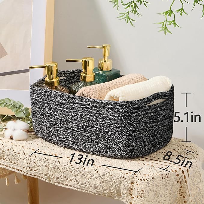 Small Storage Baskets for Organizing | Closet Organizer Bins | Shelf Toy Basket | Woven Rope Baskets | Cube Decorative Box | Shallow Basket | 13x8.5x5.1” | 4 Packs Dark Gray
