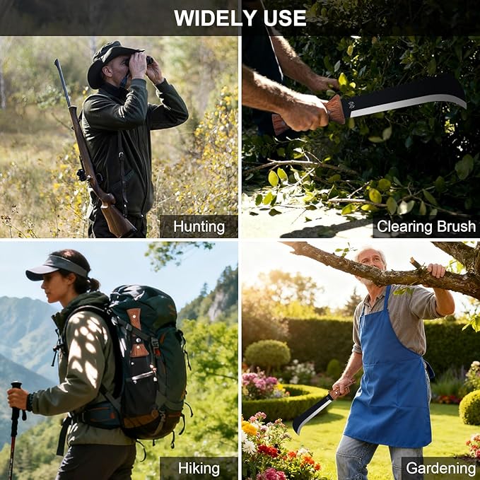 Billhook Sickle Machetes with Saw, Sharp Machete with No-Slip Wood Handle and Nylon Sheath, Sickle Survival Knife Machete for Gardening, Camping, Hunting, Survival, Bushcraft and Yard Work