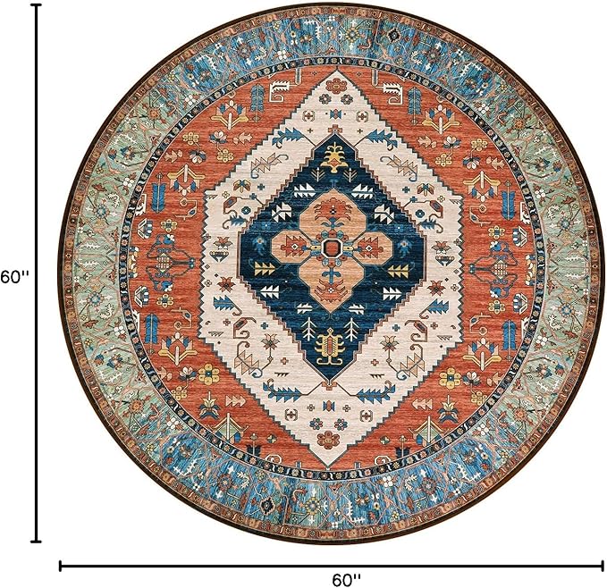 Lahome Boho Washable 5Ft Round Area Rug, Non-Slip Throw Untra-Thin Round Carpet, Oriental Vintage Distressed Circle Rug for Dining Living Room Bedroom Kitchen Office, 5x5/Rust