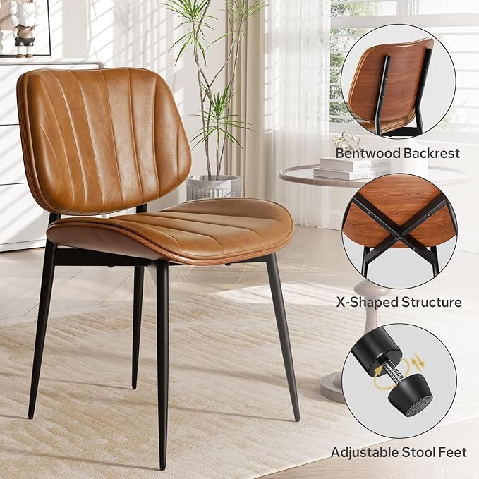 Dining Chairs Set of 6, Mid Century Modern Dining Room Chairs, Upholstered Faux Leather Kitchen Chairs with Walnut Bentwood Back and Metal Legs, Brown