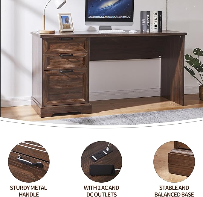 60" Farmhouse Executive Desk with Charging Station,Home Office Desk with 2 Drawers &1 File Cabinet,Wood Work Desk for Office and Home (Brown)