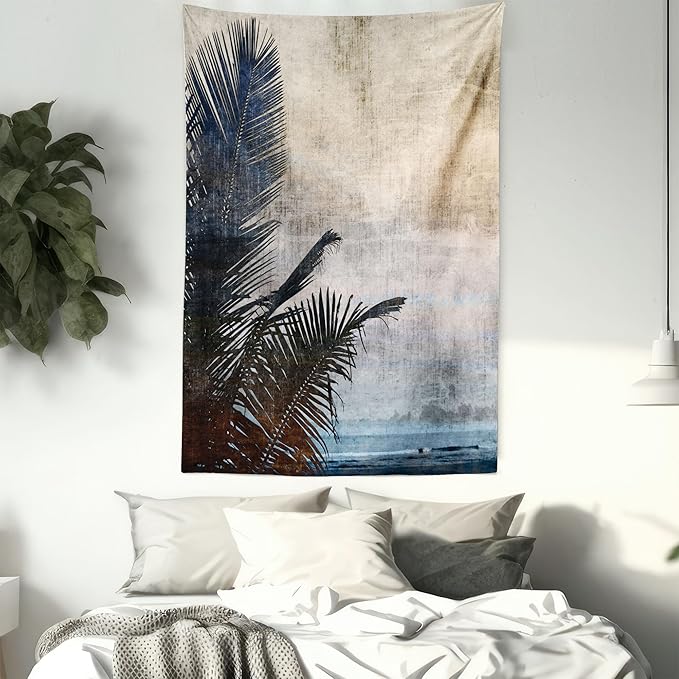 Ambesonne Hawaiian Tapestry Queen Size, Palm Tree Leaves on Grunge Background with Sea Vintage Waterscape Illustration, Wall Hanging Bedspread Bed Cover Wall Decor, 88" X 88", Beige Indigo
