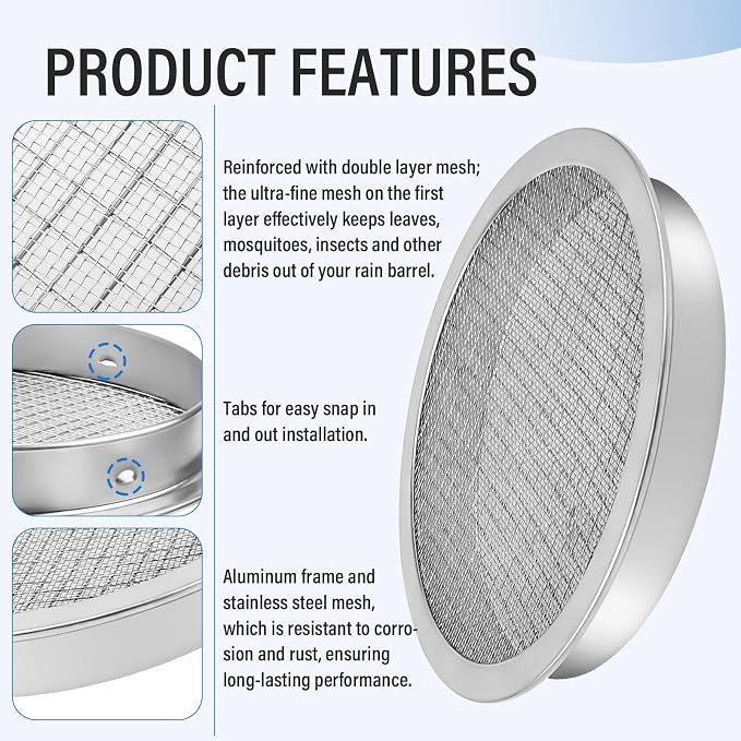 ANTOBLE Rain Barrel Screen, 6 Inch Ultra Fine Mesh Aluminum Rain Barrel Top