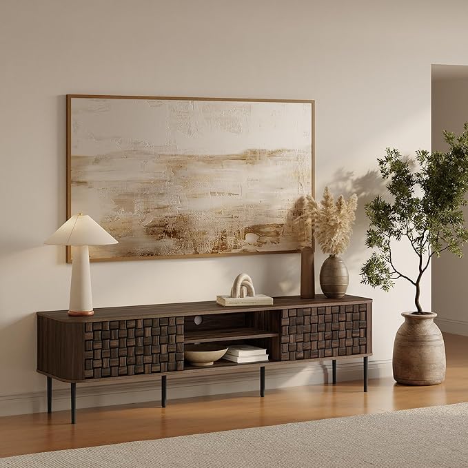 LuxenHome TV Stand for Living Room up to 80'' TVs, 71" Mid Century Modern Dark Oak Finish Wood with Basket Weave Design Entertainment Center with Storage, Media Console TV Console Cabinet for Entryway