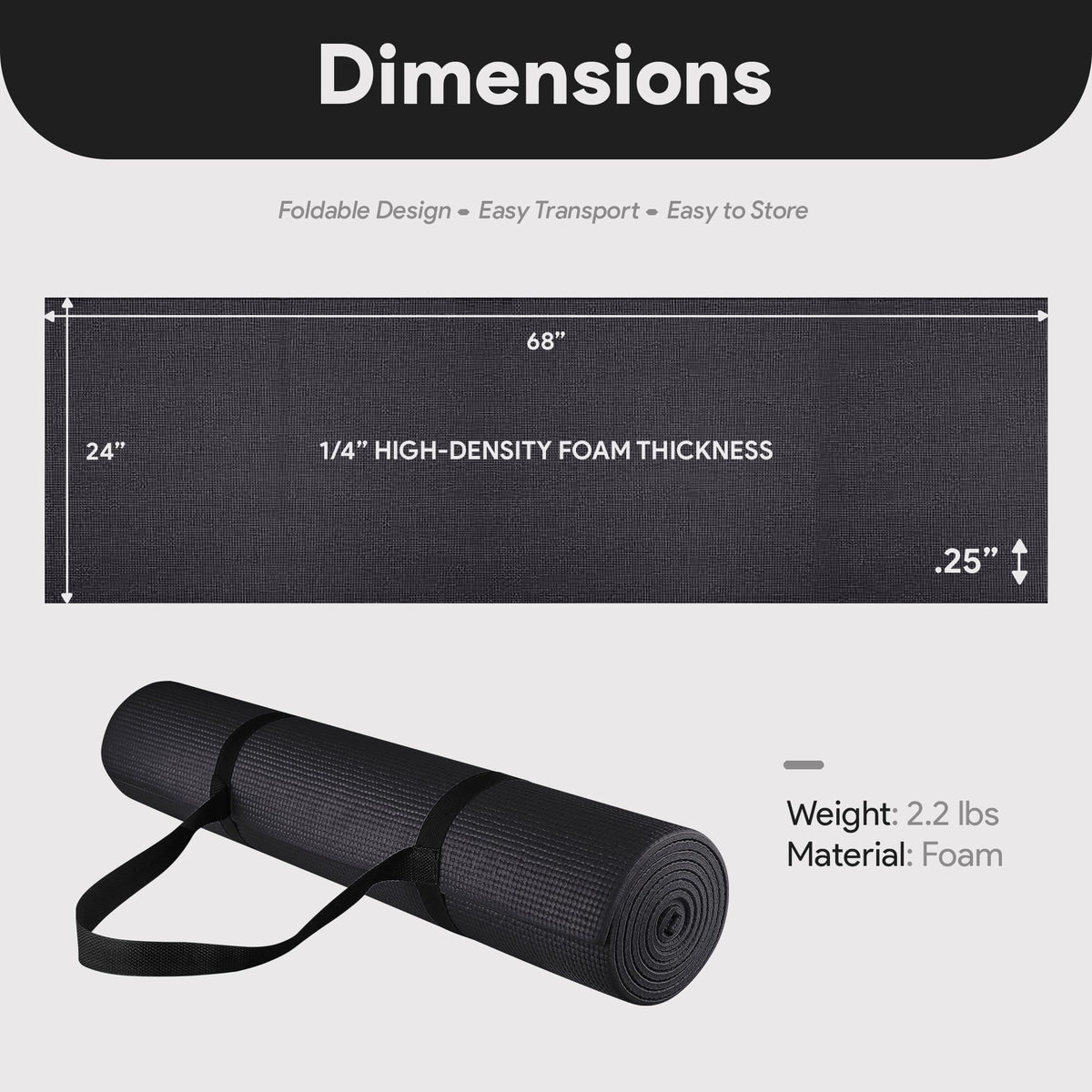 Fitvids All-Purpose 1/4-Inch High Density Anti-Tear Exercise Yoga Mat with Carrying Strap, Black