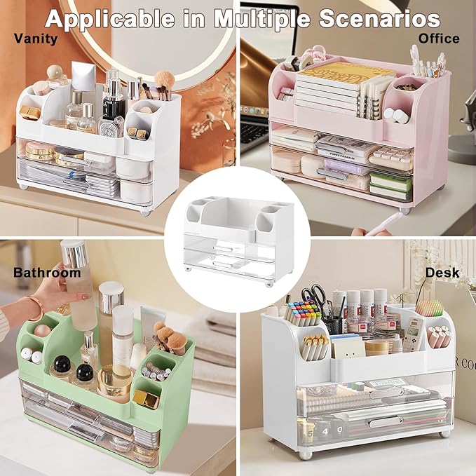 DASITON Large Capacity Makeup Organizer for Vanity with 2 Drawers, Skincare Organizers with Makeup Brush Holder, Cosmetic Display Case for Dresser Vanity Bathroom Countertop (White)