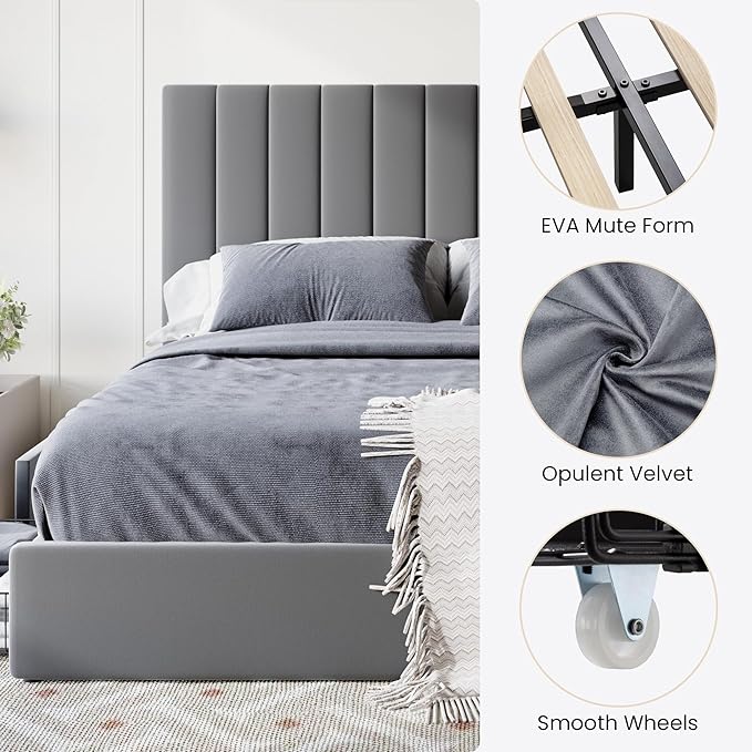 SHA CERLIN Full Size Platform Bed Frame with 4 Storage Drawers, Vertical Channel Tufted Adjustable Headboard, Velvet Upholstered, Wooden Slats Support, No Box Spring Needed, Easy Assembly, Grey