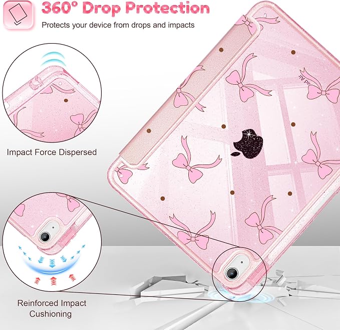 for iPad Air 11 inch M4/M3/M2 (2026/2025/2024) iPad Air 5th/4th Gen (2022/2020) 10.9 inch with Pencil Holder Glitter Clear Pretevtive Cover Auto Wake/Sleep Black Cartoon Stickers