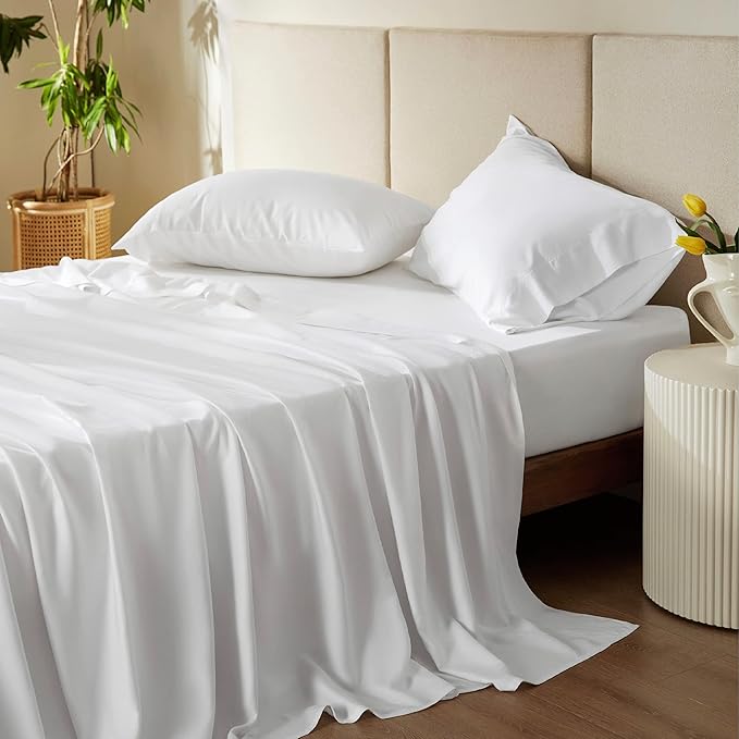 Bedsure Cooling Sheets Twin, Rayon Derived from Bamboo, Cooling Sheets, Breathable & Soft, Deep Pocket Up to 16 Inches, Hotel Luxury Silky Bedding for Hot Sleepers, White