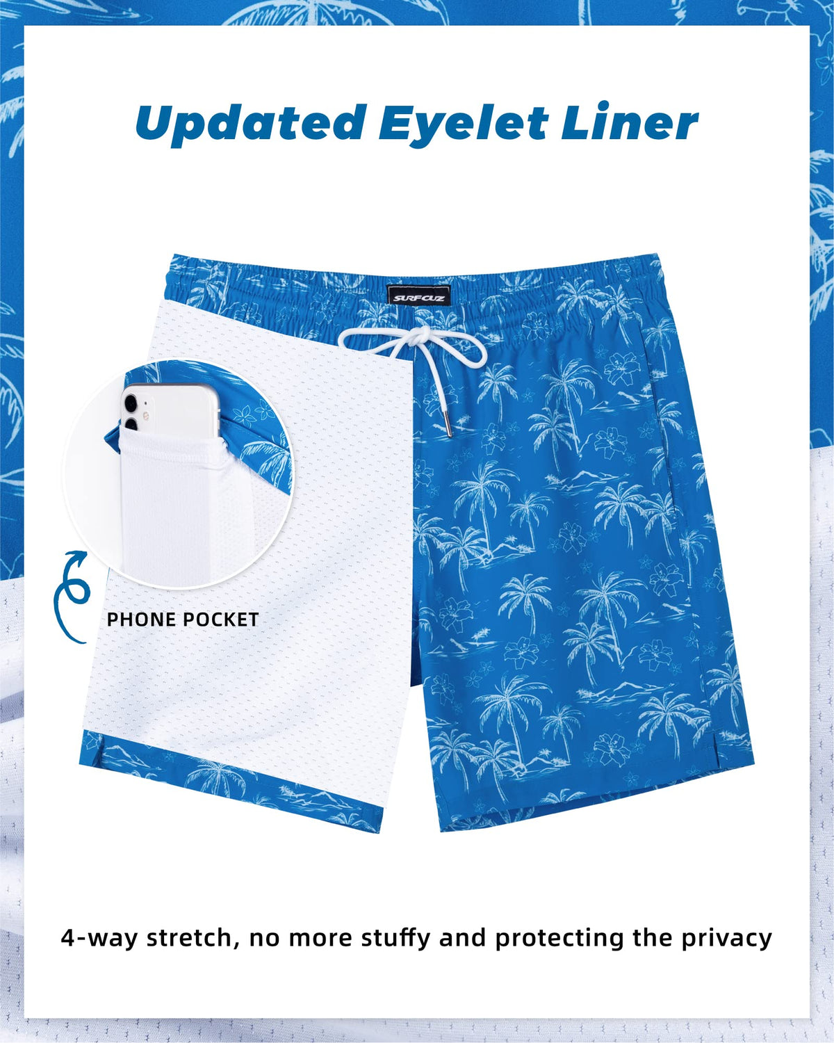 SURF CUZ Mens Swim Trunks with Compression Liner Quick Dry Swim Shorts 7" Swimming Trunks Stretch Zipper Pockets Blue Palm Island X-Large