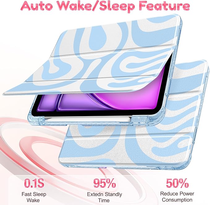 for iPad Air 11 inch M4/M3/M2 (2026/2025/2024) iPad Air 5th/4th Gen (2022/2020) 10.9 inch with Pencil Holder Glitter Clear Pretevtive Cover Auto Wake/Sleep Black Cartoon Stickers