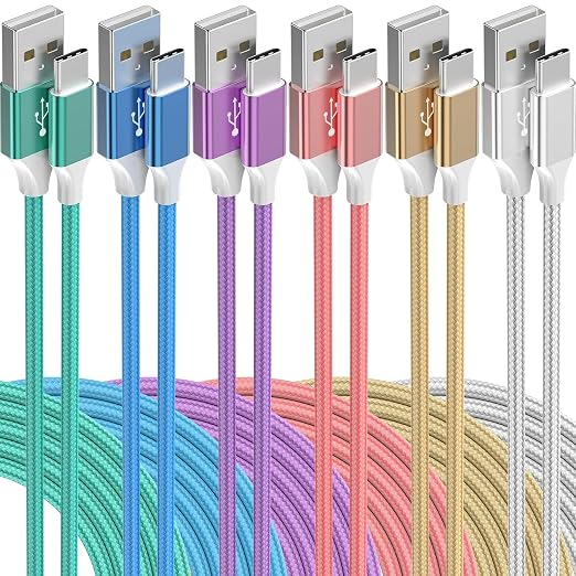 6-Pack USB to USB C Cable Type C Charger Fast Charging Cable Nylon Braided Android Charger for iPhone 16/15 Samsung Galaxy Huawei Google Pixel Sony Switch（3/3/3/6/6/10Ft）