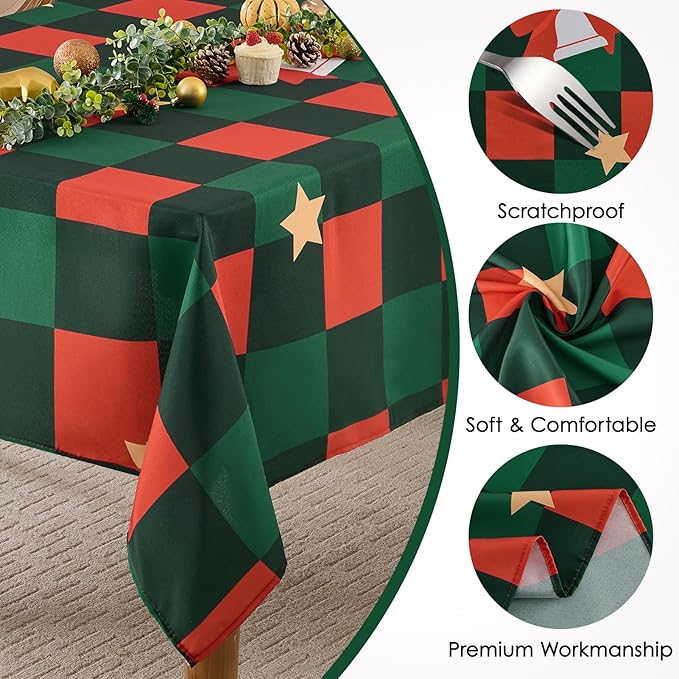 Christmas Tablecloth Rectangular 60x84 Inch for 4ft Waterproof, Machine Washable Checkered Polyester Table Cover for Xmas Party, Winter Holiday Home Decoration in Festive Checkered Star 1pack