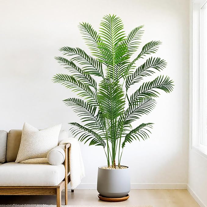 Artificial Palm Tree 6FT Artificia Plants Indoor Fake Trees Tropical Fake Plam Tree Areca Floor Plant in Black Pot with 18 Trunks & Real Bark Design Faux Palm Plant for Outdoor Home Room Decor