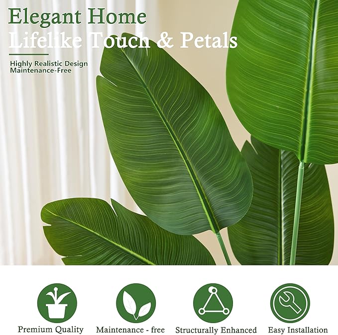 Artificial Bird of Paradise Plant: 6FT Faux Traveler's Palm Fake Banana Tree Elephant Ear Leaf Tall Silk Floor Plant in White Pot for Home Decor Indoor Office Entryway Balcony Patio Cafe Hotel