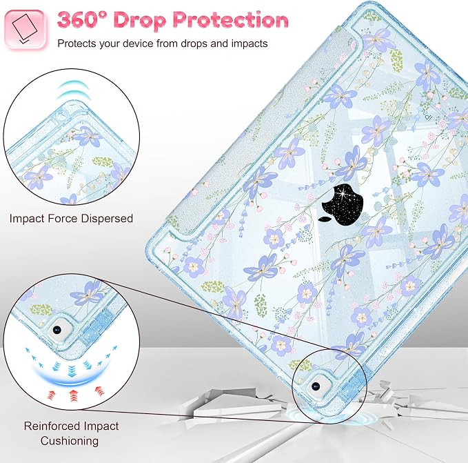 Mektron Sparkly Case for iPad 10.2 inch Glitter Tablet Cases for iPad 9th Gen 2021/8th Gen 2020/7th Gen 2019 Cover with Shiny Clear Back Shell Foldable Bling Smart Cover Blue Floral