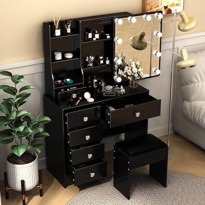 Black Vanity Desk with Mirror Lights, Makeup Vanity Table with 6 Drawers and Cabinet, Small Vanity Set with Chair Stool, 3 Modes Adjustable Sliding Mirror, Black Vanity for Bedroom